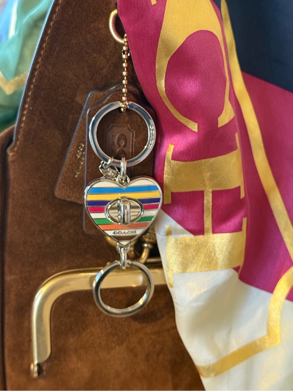 Vintage COACH Legacy Rainbow Stripe Heart Key Fob Y2K Valet Keychain Charm